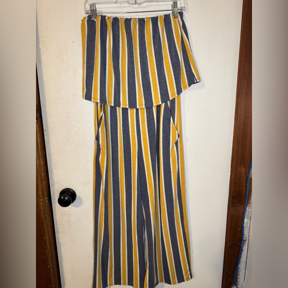 Gypsies & Moondust Yellow and Gray Striped Wide Leg Jumpsuit